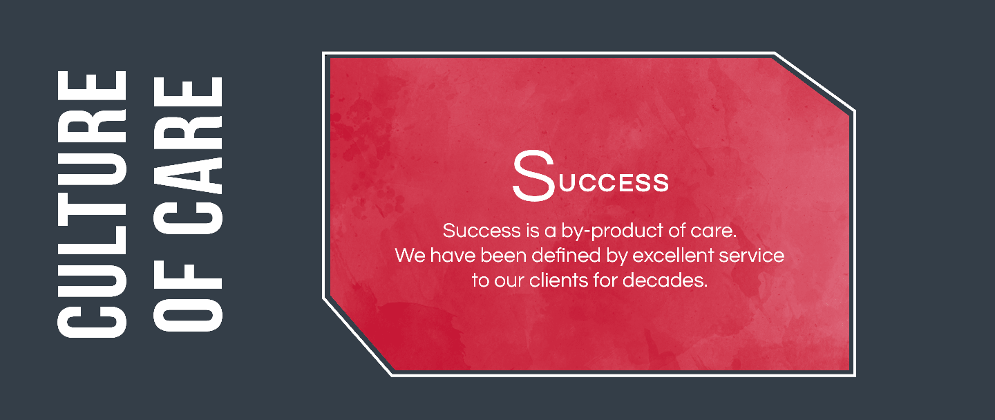 Culture of Care Success is a by-product of care. We have been defined by excellent service to our clients for decades.